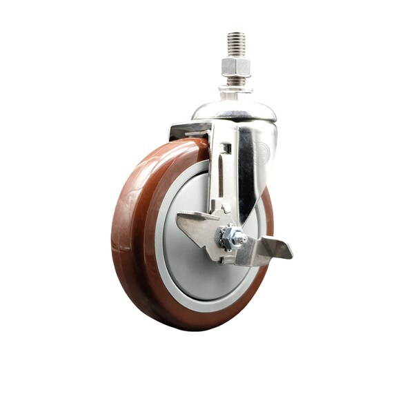 Service Caster 5 Inch 316SS Maroon Polyurethane Swivel 3/8 Inch Threaded Stem Caster with Brake SS316TS20S514-PPUB-MRN-TLB-381615 - main